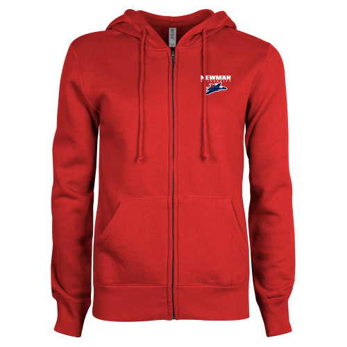  ENZA Womens Red Fleece Full Zip Hoodie - Newman Wordmark and Jet Icon Logo Hybrid