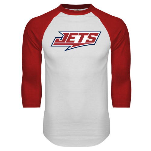  White/Red Raglan Baseball T Shirt - Jets Wordmark