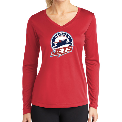  Womens Red Performance Long Sleeve V Neck Shirt - Newman University Jets Full Primary Mark