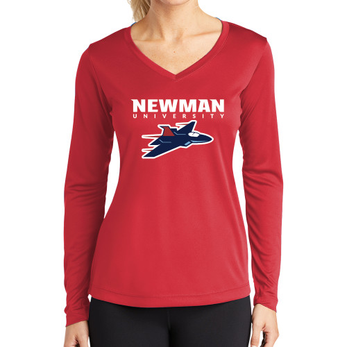  Womens Red Performance Long Sleeve V Neck Shirt - Newman Wordmark and Jet Icon Logo Hybrid