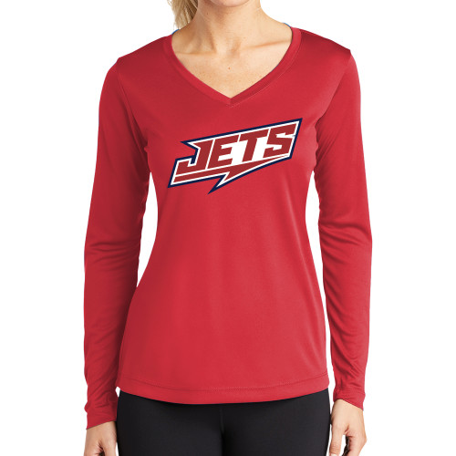  Womens Red Performance Long Sleeve V Neck Shirt - Jets Wordmark Slanted
