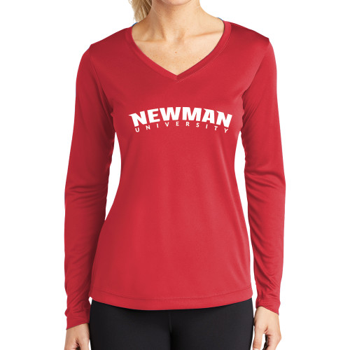  Womens Red Performance Long Sleeve V Neck Shirt - Newman University Wordmark Arched