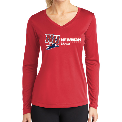  Womens Red Performance Long Sleeve V Neck Shirt - Newman University Mom