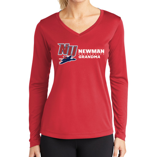  Womens Red Performance Long Sleeve V Neck Shirt - Newman University Grandma