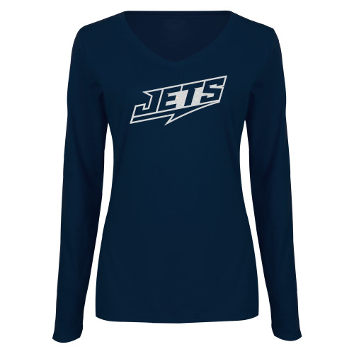  Womens Navy Long Sleeve V Neck Tee - C White Soft Glitter