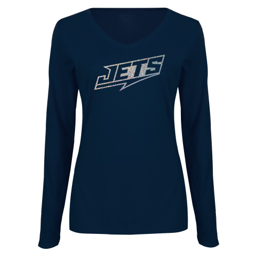  Womens Navy Long Sleeve V Neck Tee - B - Silver Holographic