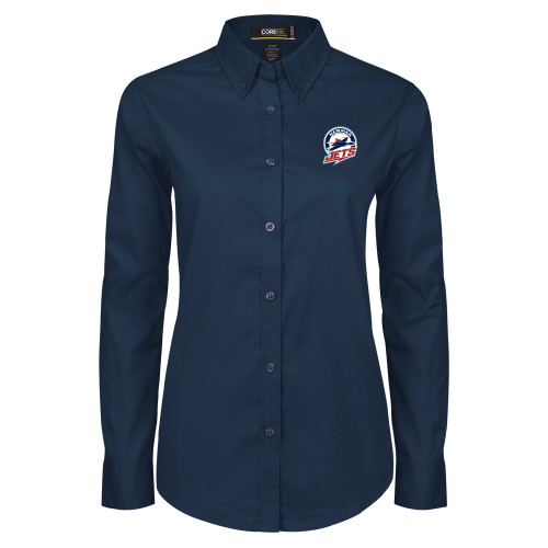  Womens Navy Twill Button Down Long Sleeve  - Newman University Jets Full Primary Mark EMB