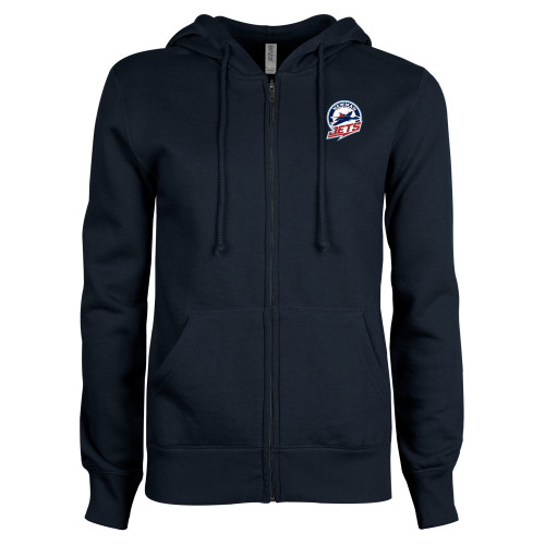  ENZA Womens Navy Fleece Full Zip Hoodie - Newman University Jets Full Primary Mark EMB