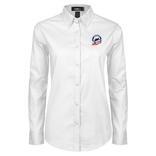  Womens White Twill Button Down Long Sleeve - Newman University Jets Full Primary Mark EMB