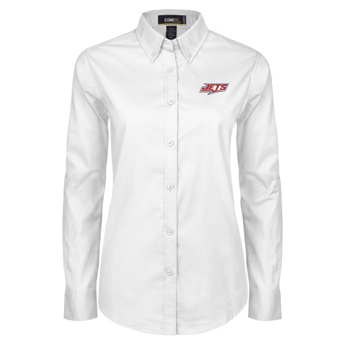  Womens White Twill Button Down Long Sleeve - Jets Wordmark EMB