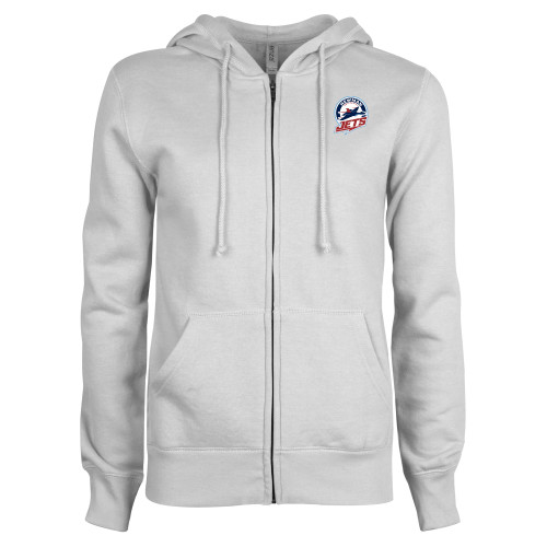  ENZA Womens White Fleece Full Zip Hoodie - Newman University Jets Full Primary Mark EMB