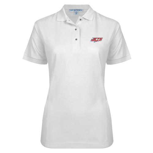  Womens Silk Touch White Pique Polo - Jets Wordmark EMB