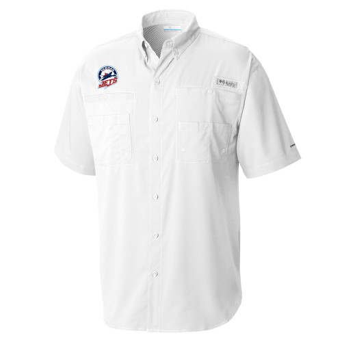  Columbia White Tamiami Performance Short Sleeve Shirt - Newman University Jets Full Primary Mark EMB