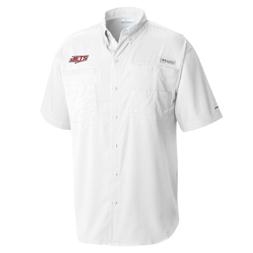  Columbia White Tamiami Performance Short Sleeve Shirt - Jets Wordmark EMB
