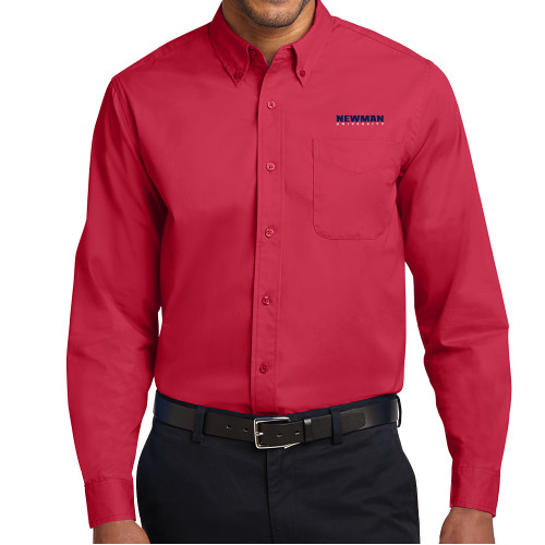  Red Twill Button Down Long Sleeve - Newman University Wordmark EMB