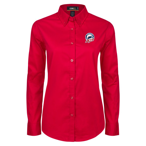  Womens Red Twill Button Down Long Sleeve  - Newman University Jets Full Primary Mark EMB