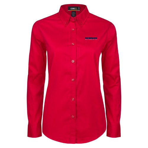  Womens Red Twill Button Down Long Sleeve  - Newman University Wordmark EMB