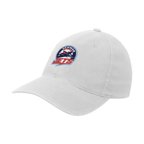  White Flexfit Structured Low Profile Hat - Newman University Jets Full Primary Mark EMB