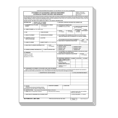 NVL Stmt of Accessorial Svcs Performed, SIT Delivery & Reweigh Form, 25/pkg-ID# 0619-1