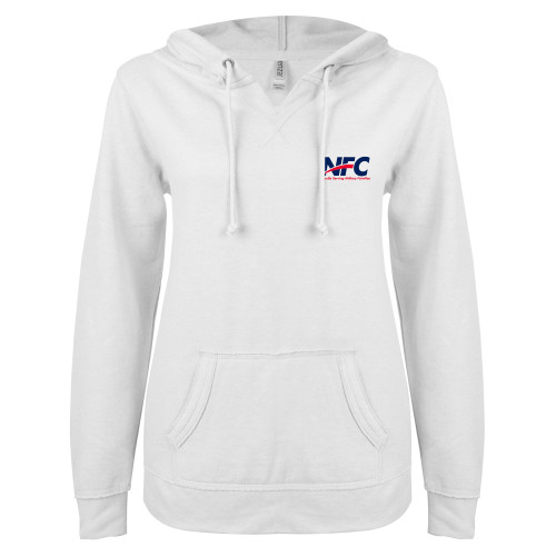 ENZA Womens White V Notch Raw Edge Fleece Hoodie-NFC