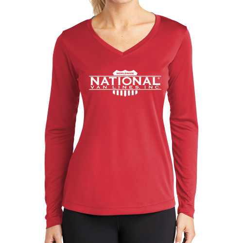 Womens Red Performance Long Sleeve V Neck Shirt-