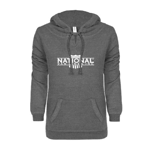 ENZA Womens Dark Heather V Notch Raw Edge Fleece Hoodie-