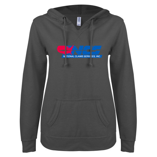 ENZA Womens Dark Heather V Notch Raw Edge Fleece Hoodie-NCS