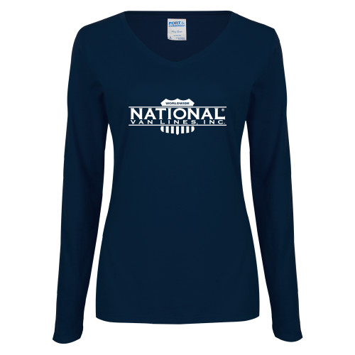 Womens Navy Long Sleeve V Neck Tee-