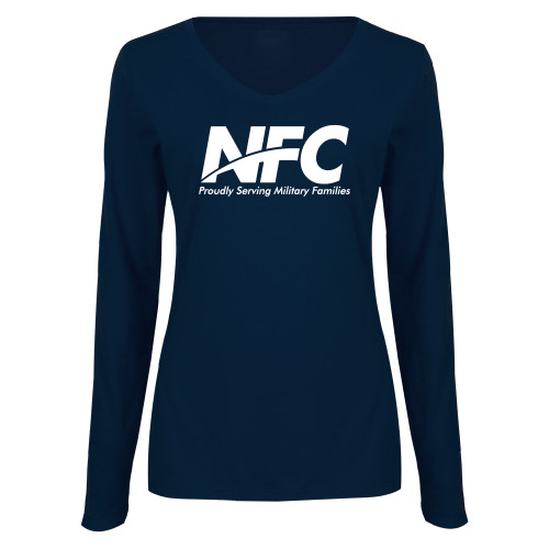 Womens Navy Long Sleeve V Neck Tee-NFC