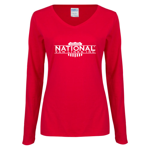 Womens Red Long Sleeve V Neck Tee-