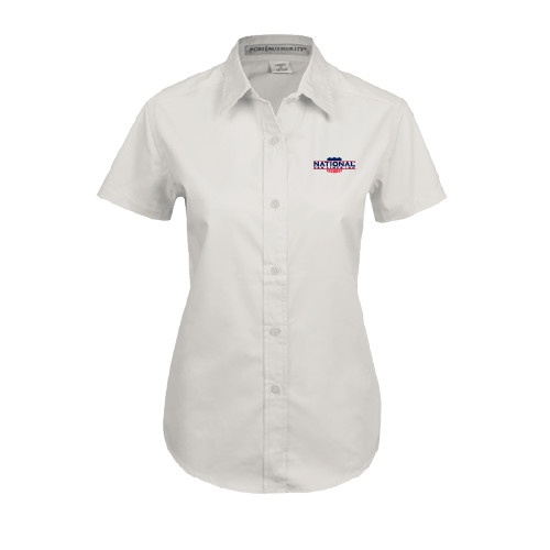 Womens White Twill Button Up Short Sleeve-