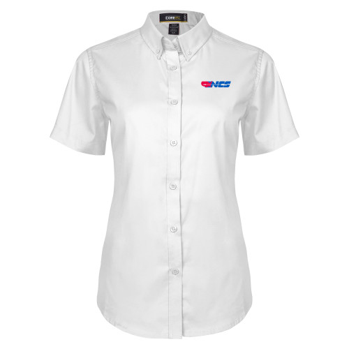 Womens White Twill Button Up Short Sleeve-NCS