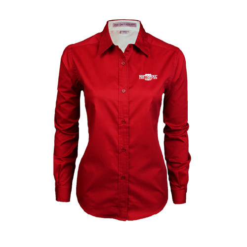 Womens Red Twill Button Down Long Sleeve -