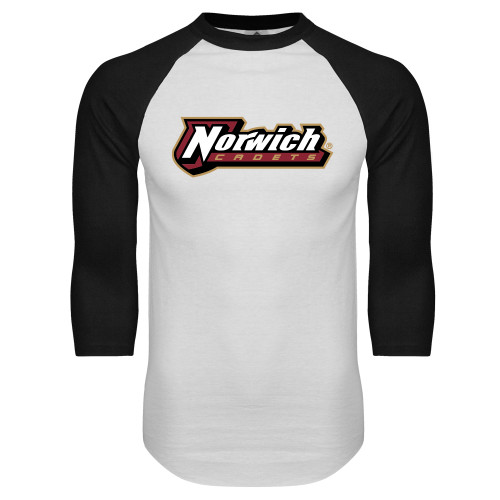 White/Black Raglan Baseball T Shirt-Norwich Wordmark