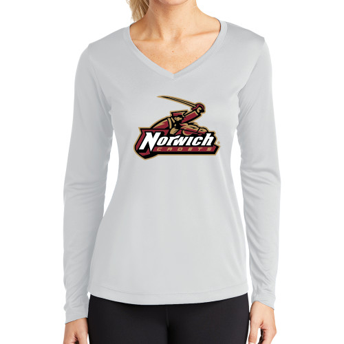 Womens White Performance Long Sleeve V Neck Shirt-Primary Mark