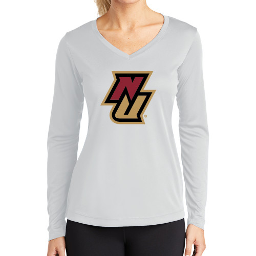 Womens White Performance Long Sleeve V Neck Shirt-NU