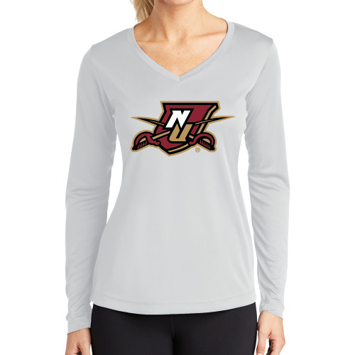 Womens White Performance Long Sleeve V Neck Shirt-NU Shield