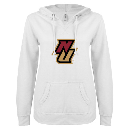 ENZA Womens White V Notch Raw Edge Fleece Hoodie-NU