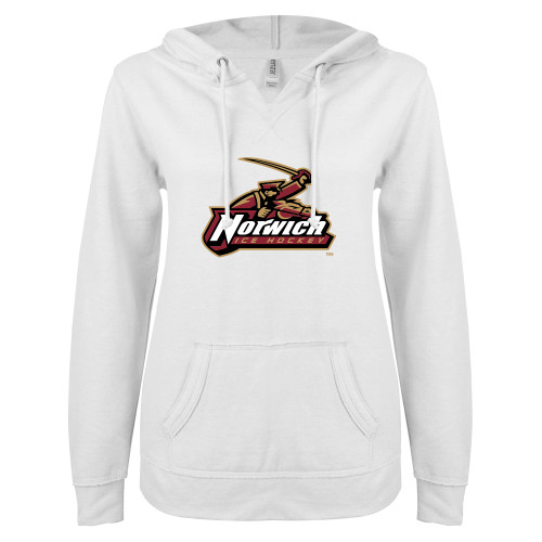 ENZA Womens White V Notch Raw Edge Fleece Hoodie-Ice Hockey
