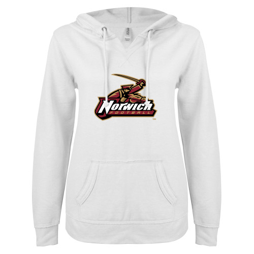 ENZA Womens White V Notch Raw Edge Fleece Hoodie-Football