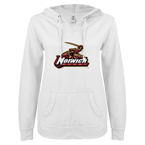 ENZA Womens White V Notch Raw Edge Fleece Hoodie-Rugby