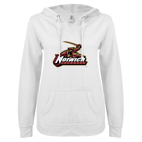 ENZA Womens White V Notch Raw Edge Fleece Hoodie-Lacrosse