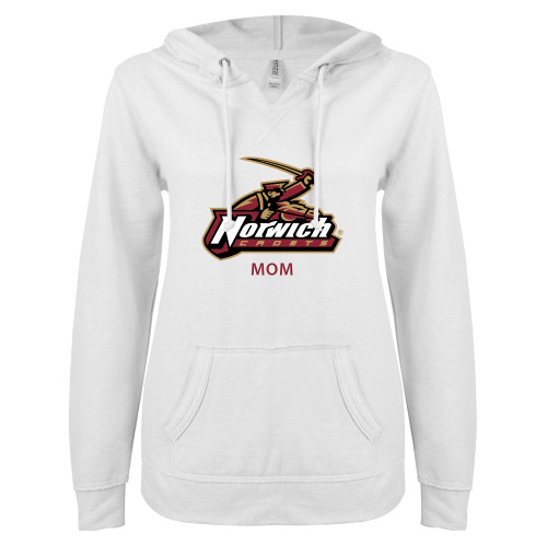 ENZA Womens White V Notch Raw Edge Fleece Hoodie-Mom