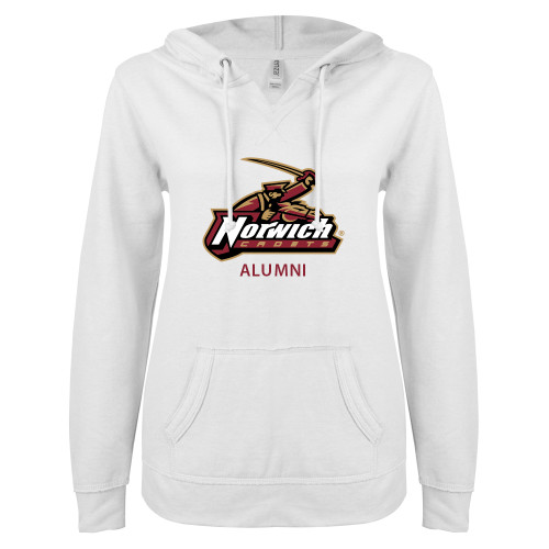 ENZA Womens White V Notch Raw Edge Fleece Hoodie-Alumni