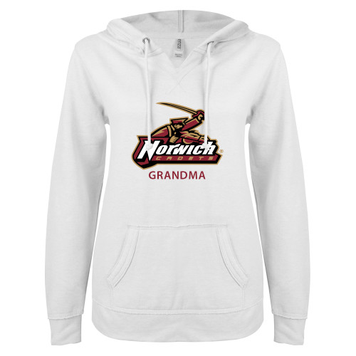 ENZA Womens White V Notch Raw Edge Fleece Hoodie-Grandma