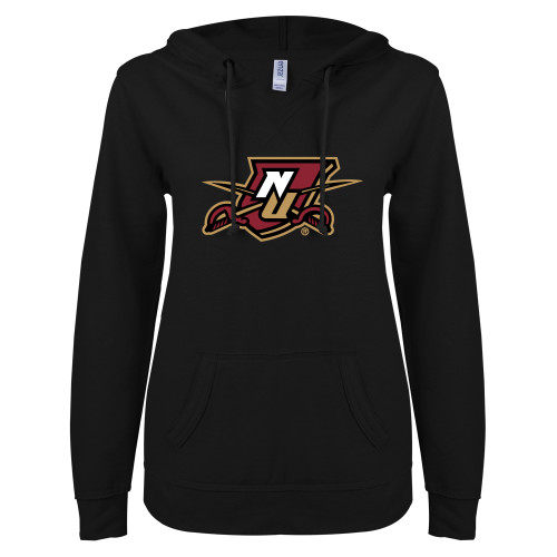 ENZA Womens Black V Notch Raw Edge Fleece Hoodie-NU Shield