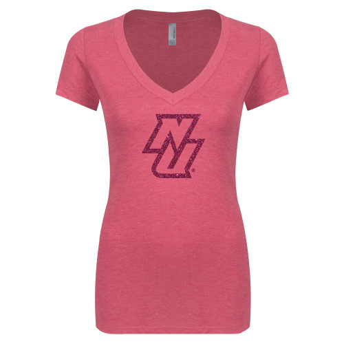 Next Level Ladies Vintage Pink Tri Blend V Neck Tee-NU Hot Pink Glitter