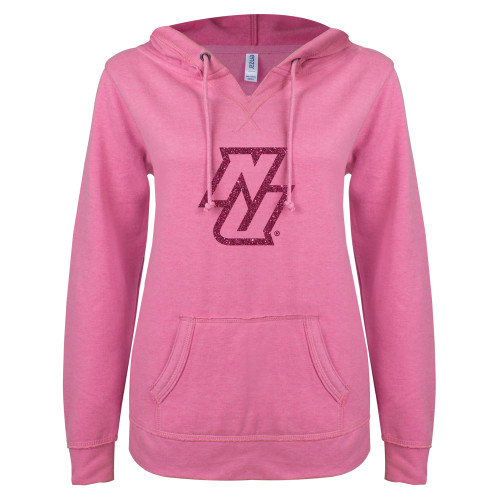 ENZA Womens Hot Pink V Notch Raw Edge Fleece Hoodie-NU Hot Pink Glitter