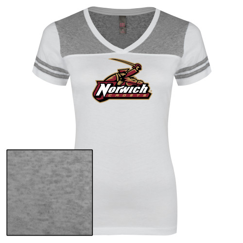 Womens White/Heather Grey Varsity V Neck Tee -Primary Mark