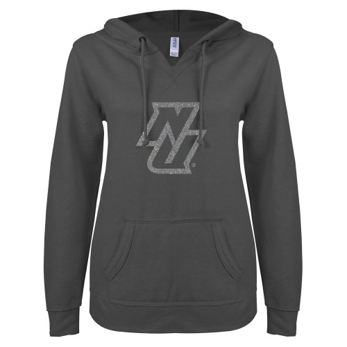 ENZA Womens Dark Heather V Notch Raw Edge Fleece Hoodie-NU Silver Soft Glitter
